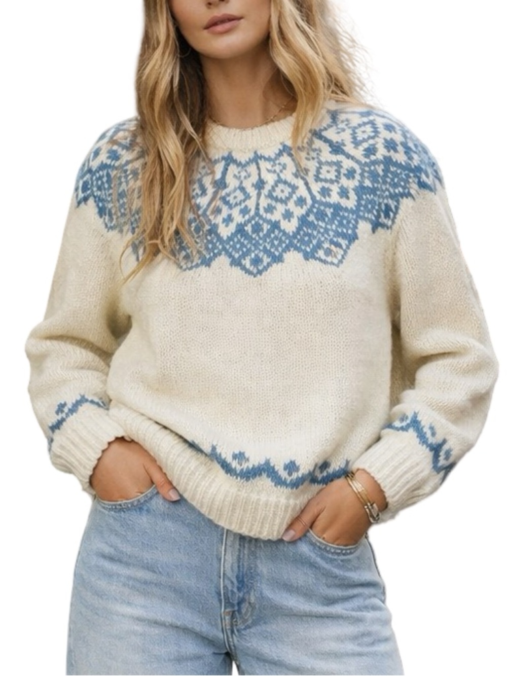 Handmade Cozy Cream Fair Isle Knit Sweater with Blue Accent Cottage Core